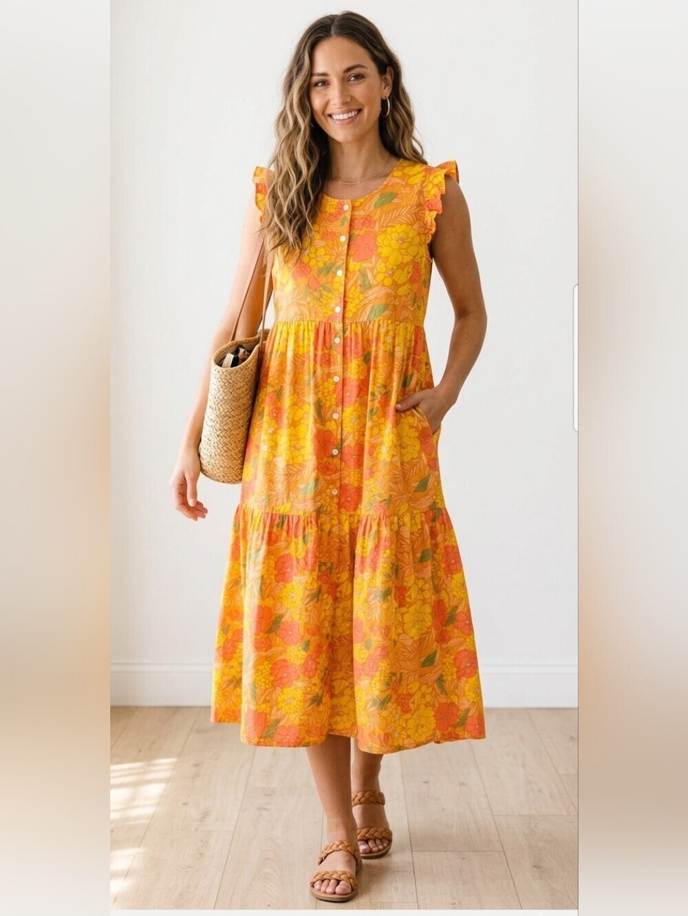 Chanthou Floral Midi Dress 100% Cotton Yellow Orange Ruffle Sleeve Tiered